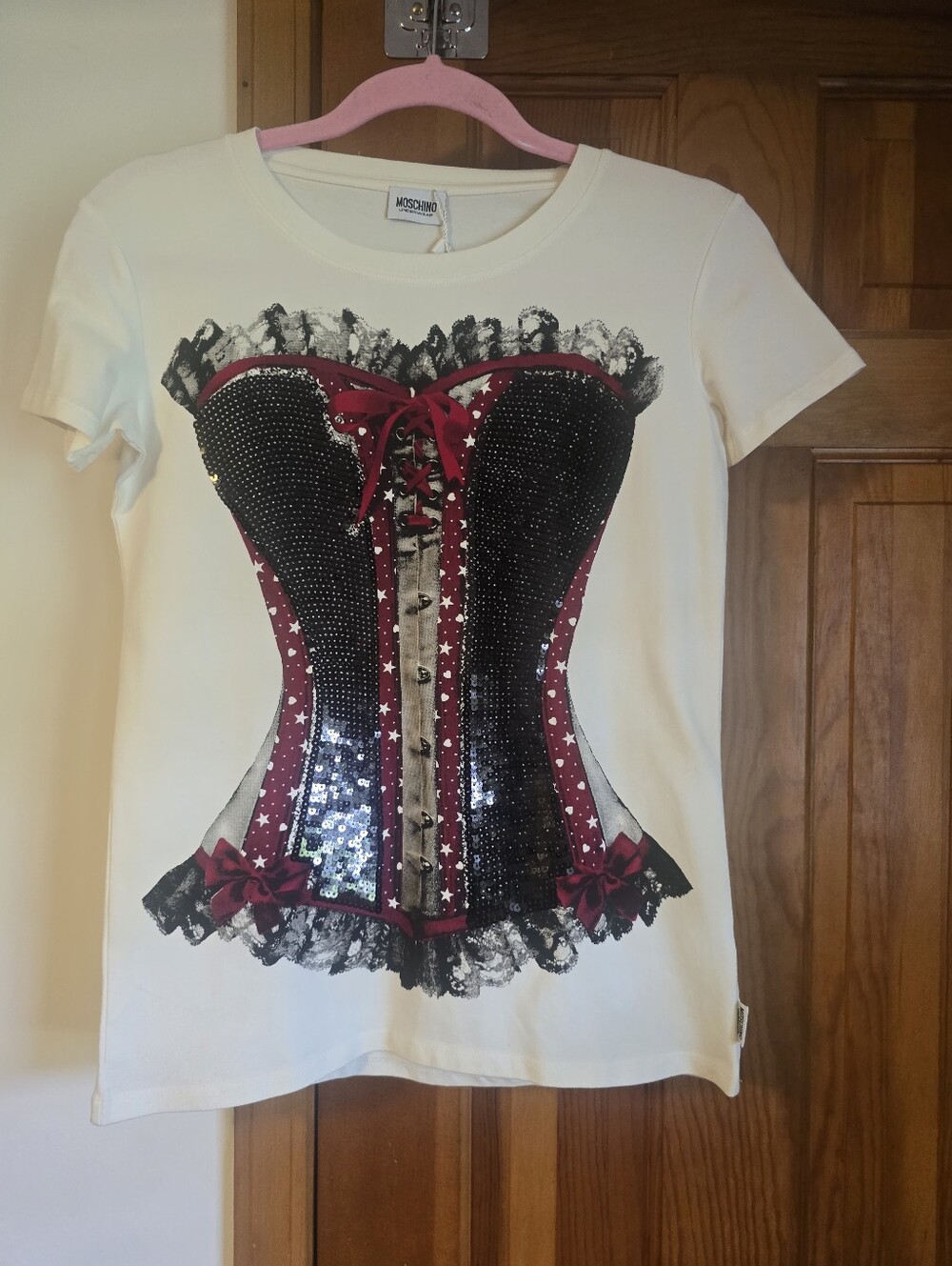 MOSCHINO Sequin Embellished Corset Design T-Shirt, Never Worn